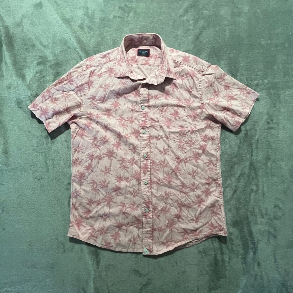 UNTUCKit Button Down Mens Medium Pink Palm Tree Moldavia Slim Fit Shirt